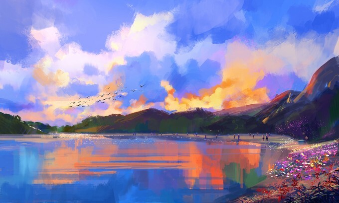 Tropical beach at sunset - Digital painting